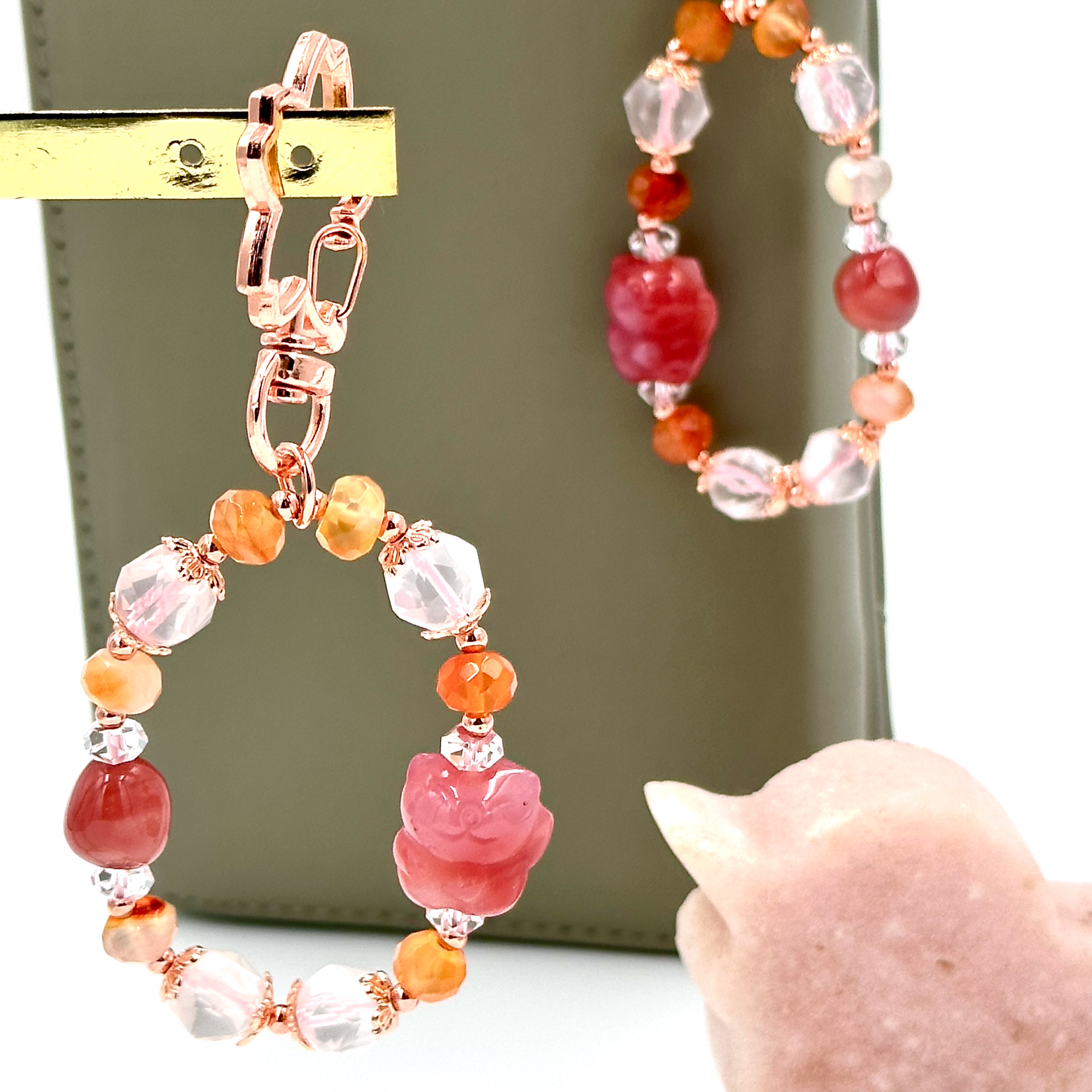 CRZ Bag Charm - Phụ Kiện - Yan Yuan Agate Fortune Cat With Carnelian Agate & Rose Quartz - Móc Khóa Vòng Tay Đá Thạch Hồng, Carnelian Kèm 1 Charm Mã Não Hình Mèo