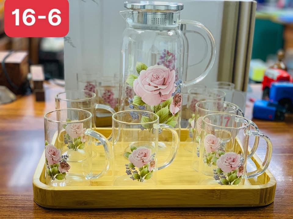 BỘ BÌNH ĐỰNG NƯỚC THỦY TINH CHỊU NHIỆT CAO CẤP HỌA TIẾT HOA 3D - VD68