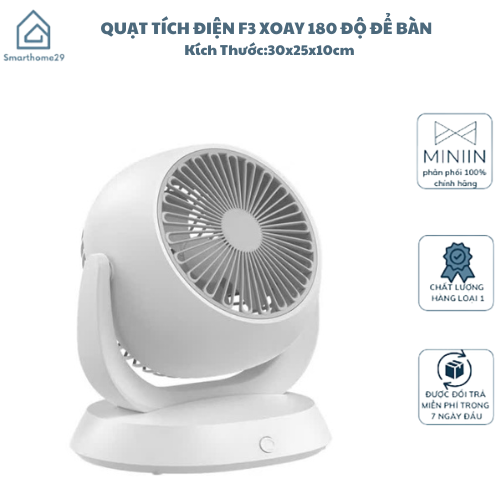 Quạt Tích Điện F3 Xoay 180 Độ Để Bàn - 3 Cấp Độ Gió, Mini Sạc Type C - HÀNG CHÍNH HÃNG MINIIN