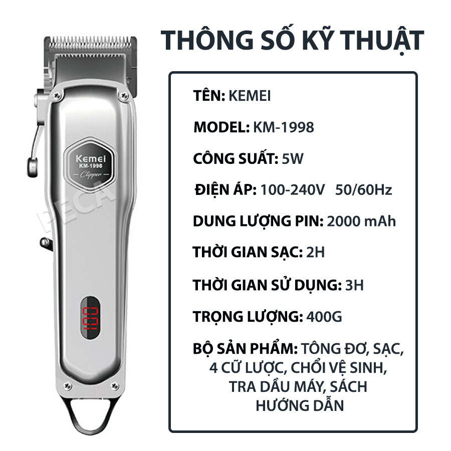 Tông đơ cắt tóc Kemei KM-1998 công suất mạnh có màn hình LED hiển thị pin tiện lợi, dùng để fade tóc, tattoo cạo trắng thích hợp sử dụng salon tóc, barber shop