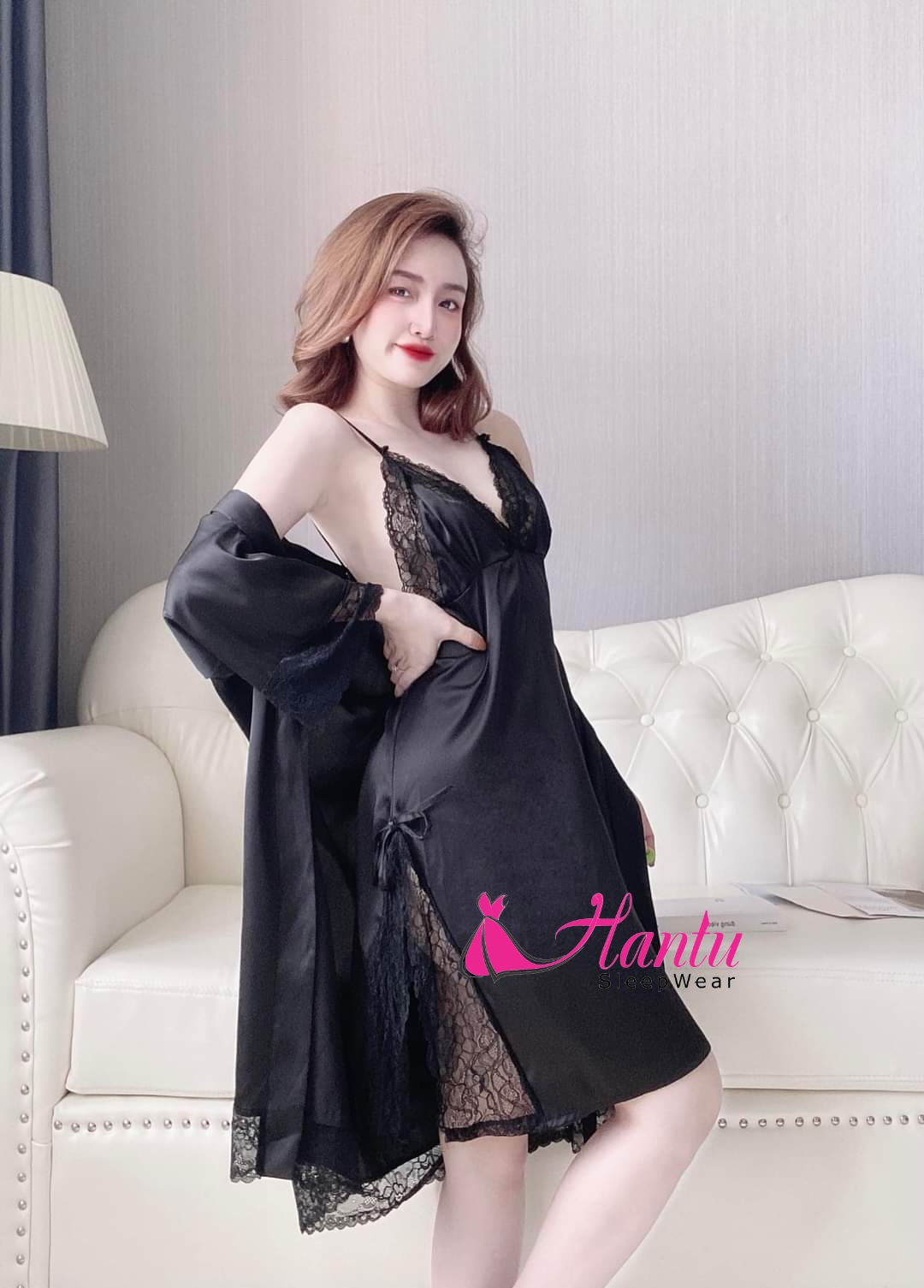 Set áo choàng ngủ lụa kèm váy 2 dây xẻ tà-Hantu Sleepwear