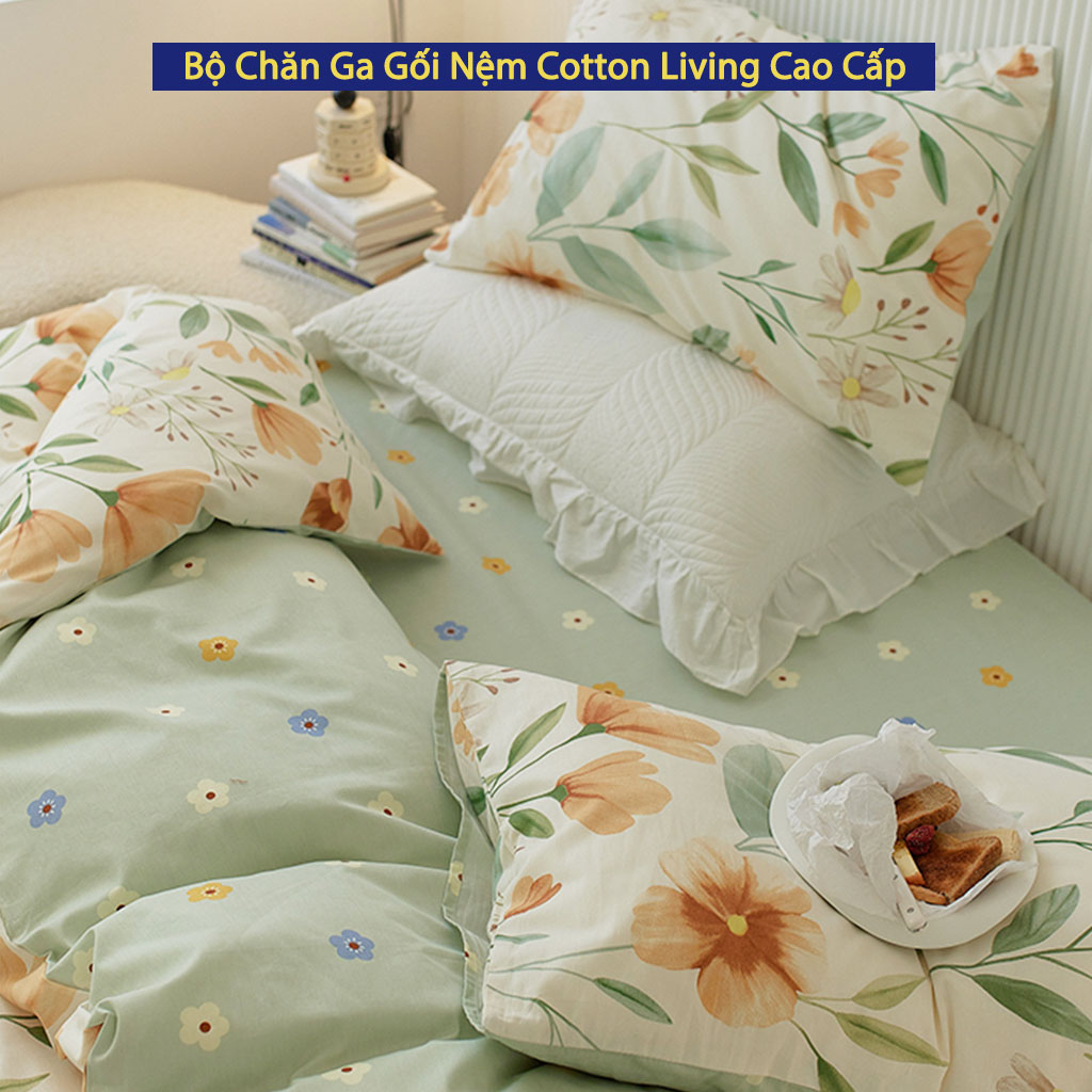 Bộ Ga Giường 5 Món Chăn Ga Gối Nệm Cotton Living ANNA NGUYÊN Cao Cấp Chuẩn Khách Sạn 5 Sao Bộ Chăn Ga Ra Drap Gối Nệm Đệm Trải Giường 4 Món Dễ Thương Cute