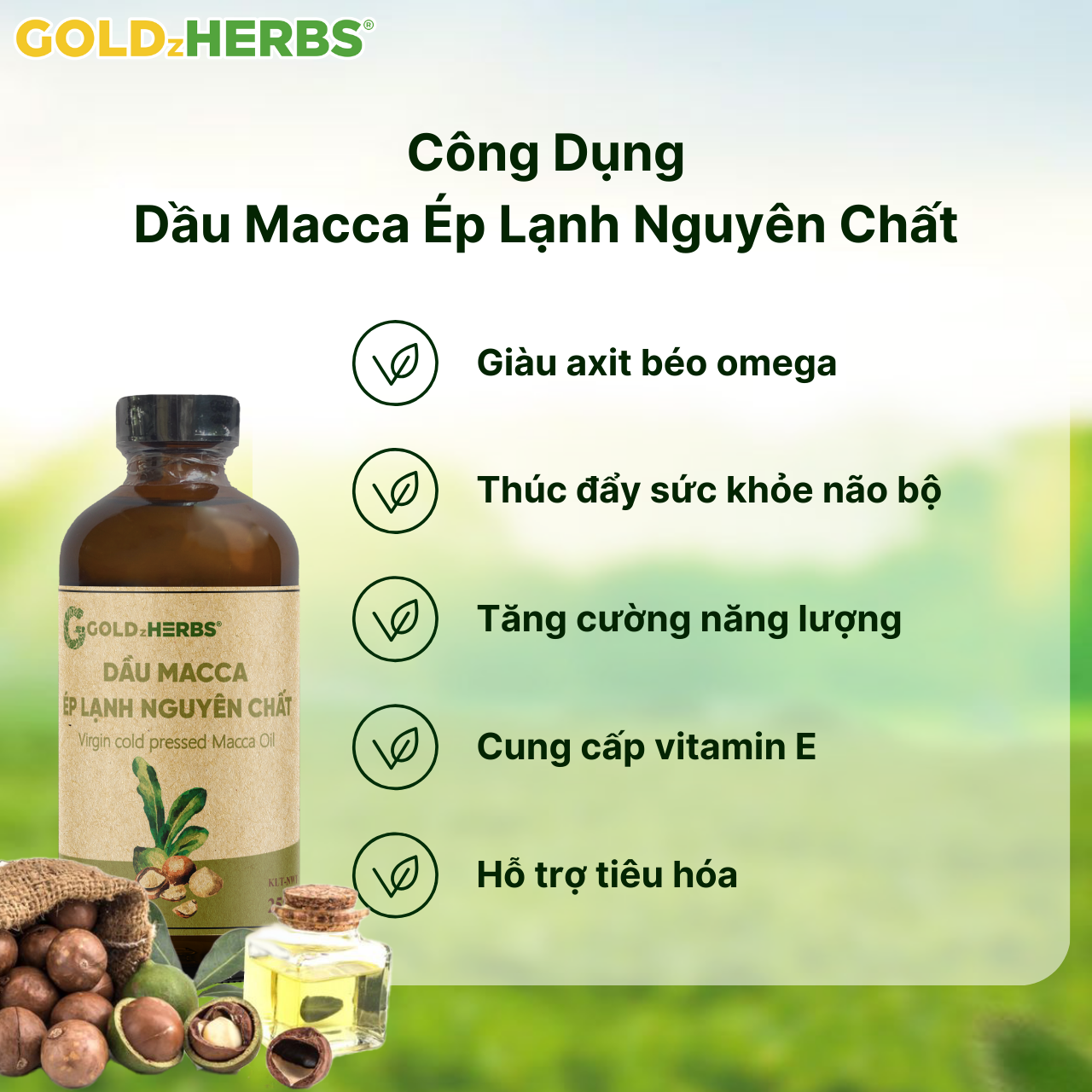 Dầu macca ép lạnh nguyên chất GoldzHerbs - Chai 120ml/ 250ml