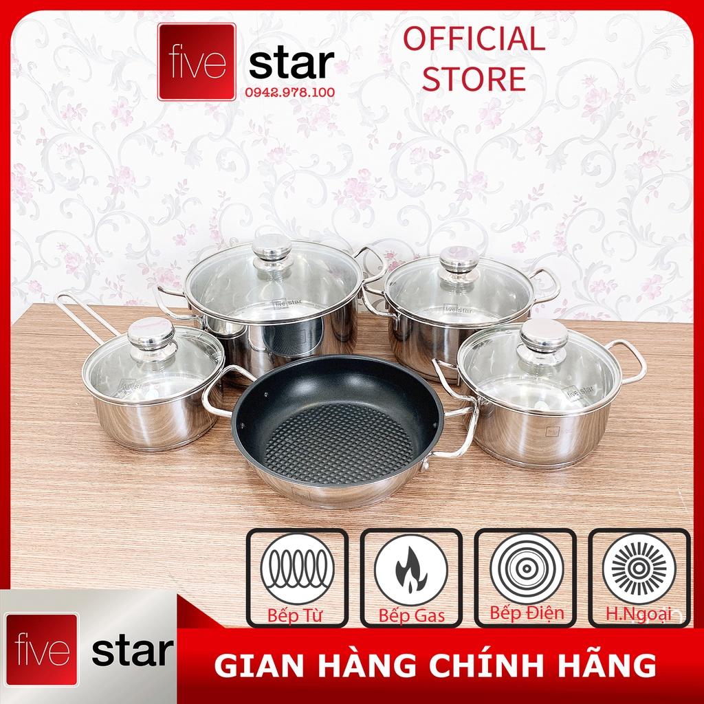 Bộ Nồi 5 Đáy Cao Cấp Bếp Từ Fivestar FSB55D001 Nắp Kính Inox 430 , tặng 1 vá canh