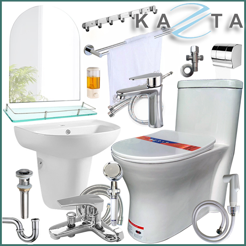 Combo thiết bị nhà tắm cao cấp KAZTA KZ-CBT04 14 món: Bồn cầu 1 khối xả xoáy nắp êm-Lavabo treo tường-Sen tắm nóng lạnh kèm bộ phụ kiện nhà tắm sang trọng như hình