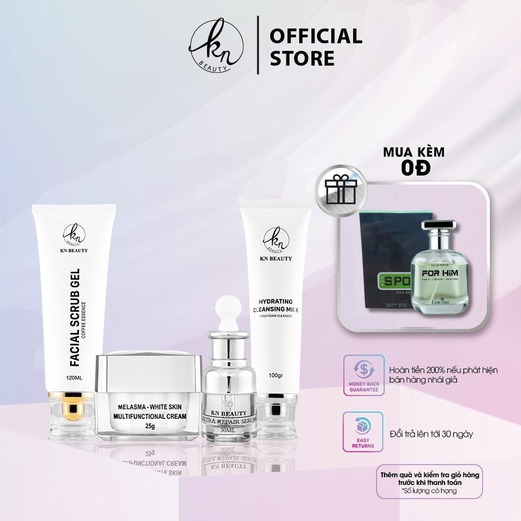 Bộ 4 bước chăm sóc da Trắng sáng Ngừa Nám KN Beauty chuyên sâu: kem dưỡng 25g + serum 30ml, sữa rửa mặt 100ml, tẩy tế bào chết 120ml (Tặng Body)- PHỤNG BEAUTY