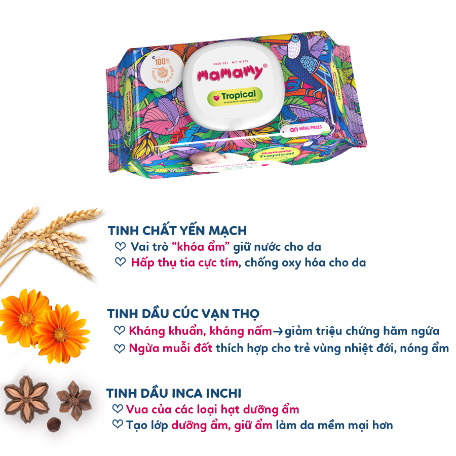 Khăn ướt Mamamy Tropical Premium tinh dầu cúc vạn thọ/ không mùi - Combo 6 gói có nắp 90 tờ