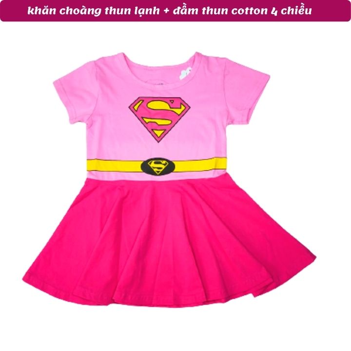 Đầm siêu nhân bé gái 11-26kg- Tặng kèm khăn choàng - thun cotton - thấm hút mồ hôi- Hình không bong tróc-Kiến Lửa