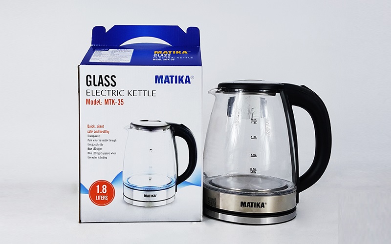 [Hàng chính hãng]Ấm Siêu Tốc Thủy Tinh 1.8L Matika MTK-35 Công Suất 1800W Thiết Kế Hiện Đại Trong Suốt Đun Nước Siêu Nhanh Có Đèn Led Khi Sôi