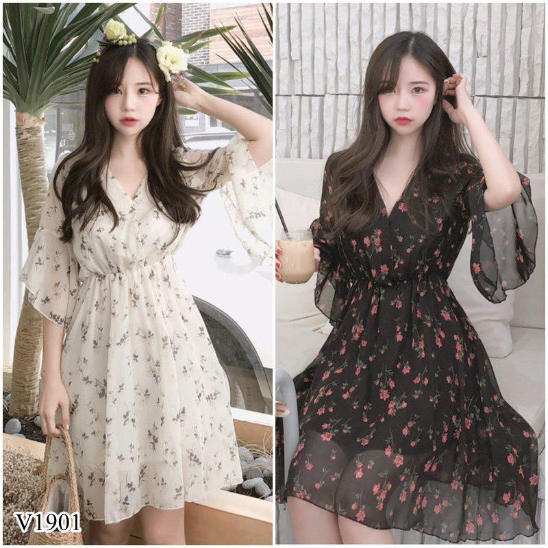 Váy hoa nhí tay lỡ dáng ngắn eo chun