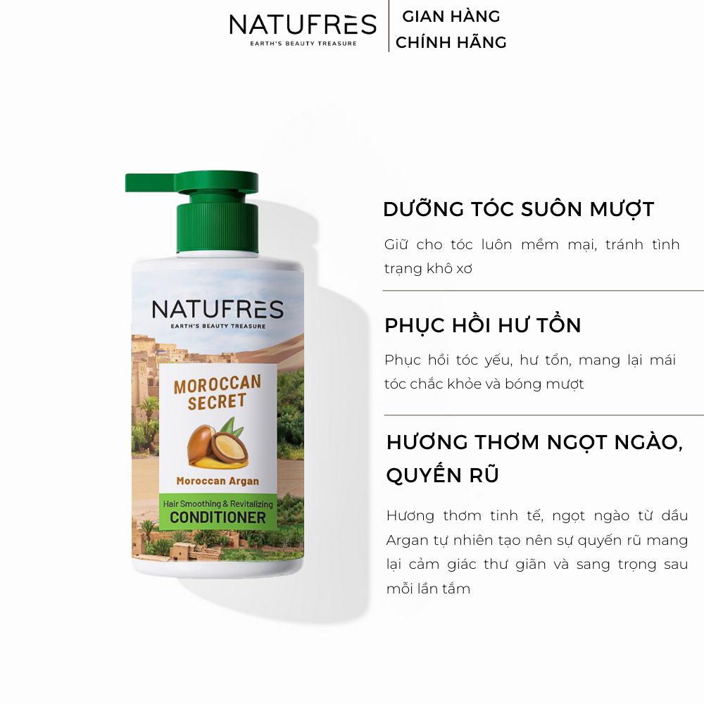 Dầu xả NATUFRÈS Moroccan Secret Tinh dầu Argan - Dưỡng tóc, suôn mượt, ngăn ngừa tóc khô, hư tổn 250ml