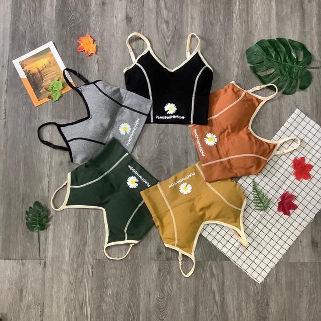 Áo bra 2 dây chỉ viền hoa cúc trắng tập gym, thể thao, yoga - Áo lót hai dây ôm body dáng croptop thấm hút mồ hôi