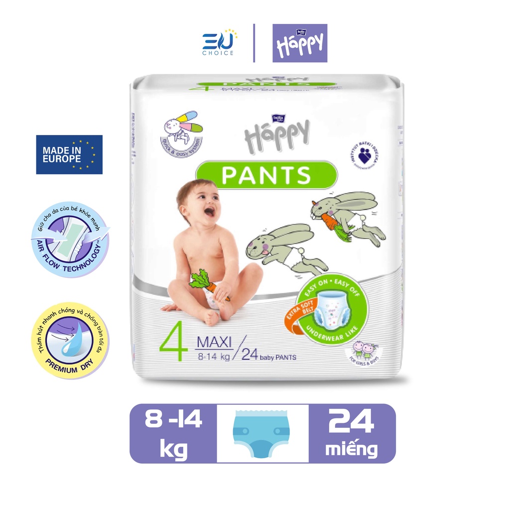 Bỉm T4 Pants, tã quần cao cấp BELLA HAPPY nhập khẩu Pháp 24 miếng cho bé 8 - 14 kg thoáng mát, thấm hút, chống tràn