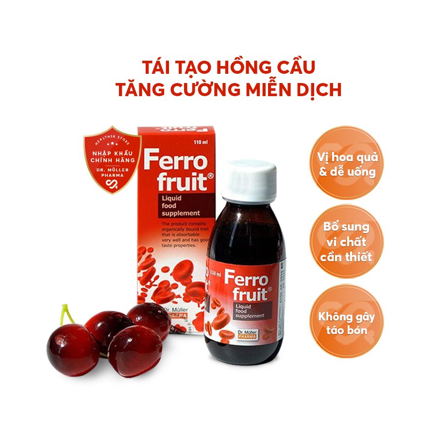 Siro Sắt FERRO FRUIT Dr.Muler vị trái cây, chiết xuất tự nhiên, tạo hồng cầu ngừa thiếu máu cho trẻ em và người lớn.
