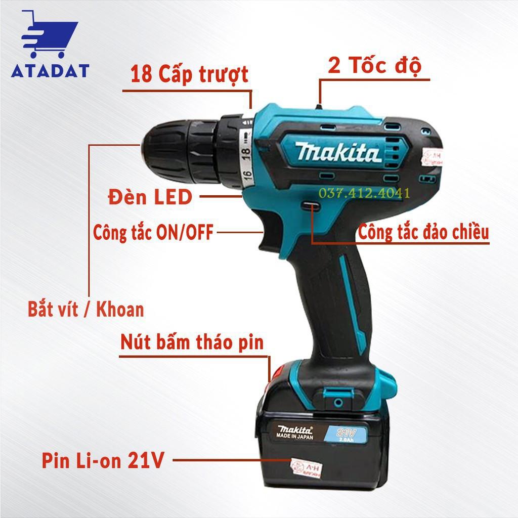 MÁY Khoan Pin MAKITA 21V (khoan, bắt vít ) - TẶNG 1 mũi khoan , Pin Vuông, 100% Đồng - Máy Bắt Vít 21V