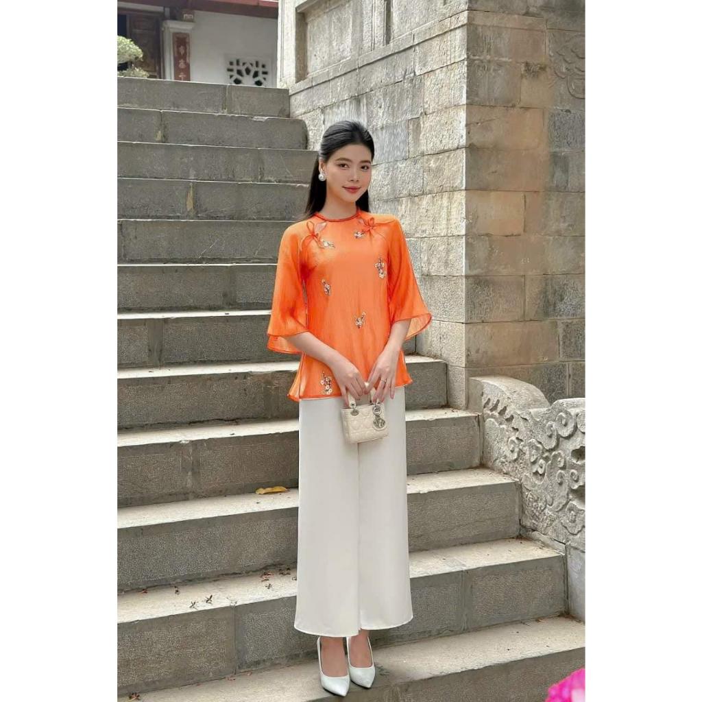 Pháp phục, đồ lam đi lễ chùa áo chất tơ thêu hoa tinh tế màu cam phối quần lụa trắng - Pháp Phục Hiếu Hạnh
