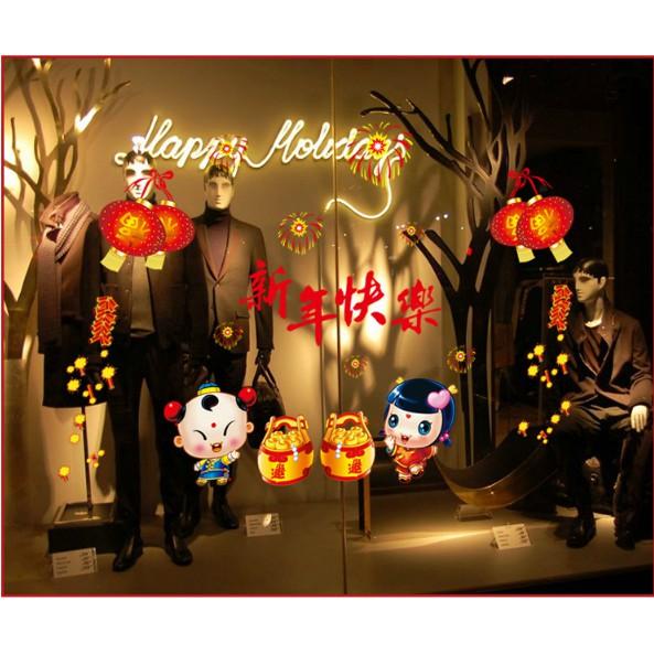 Decal trang trí tết - Tiểu đồng Bé Trai Gái và thùng Vàng chúc Xuân