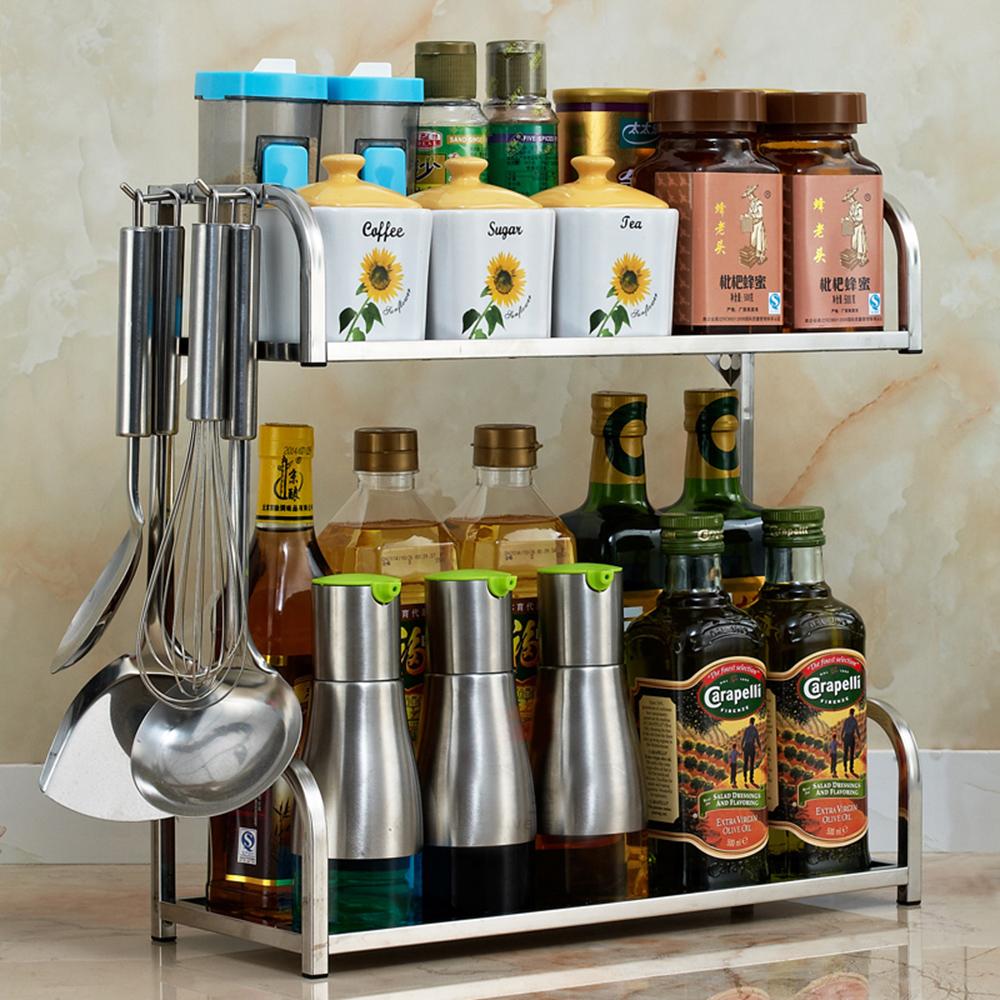 Kệ bếp 2 tầng bằng thép không gỉ 304, chống gỉ sét, thiết kế có móc treo, tiện lợi cho nhà bếp