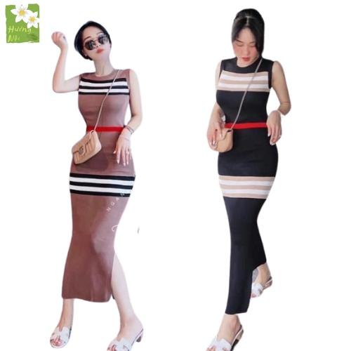 Đầm len thun sọc ngang thổ cẩm ôm body