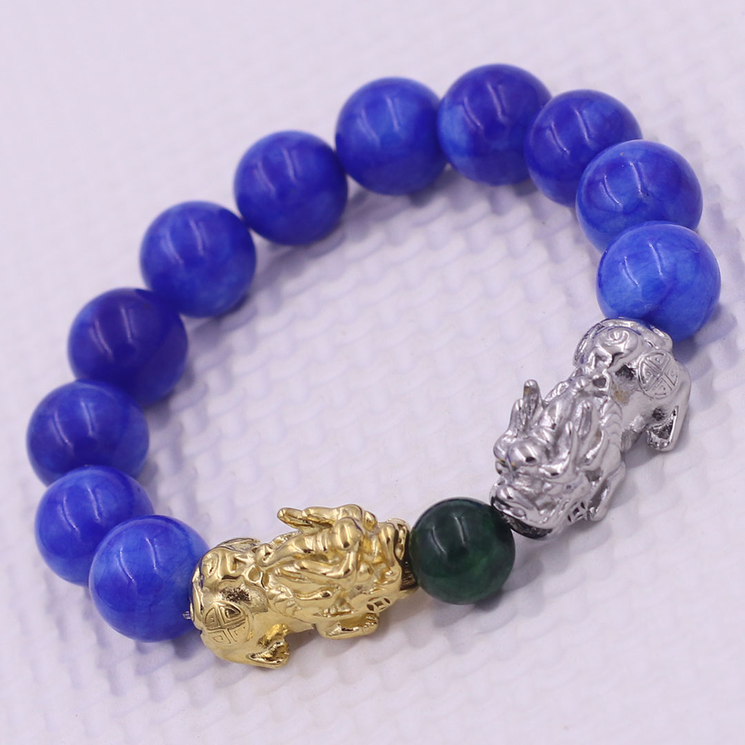 Vòng chuỗi đeo tay đá ngọc tủy xanh dương 12 ly charm tỳ hưu đôi inox trắng và vàng, vòng chuỗi phong thủy, charm tỳ hưu, vòng tay hạt chuỗi