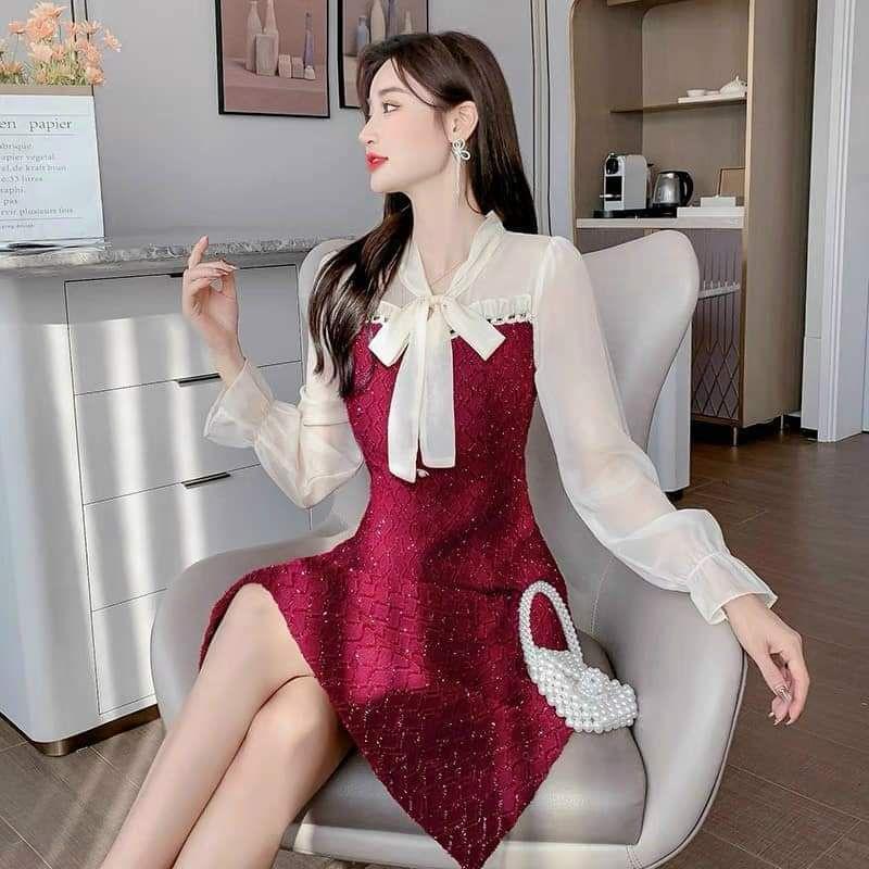 HÀNG NHẬP - ĐẦM THUN KIM TUYẾN PHỐI TAY VOAN