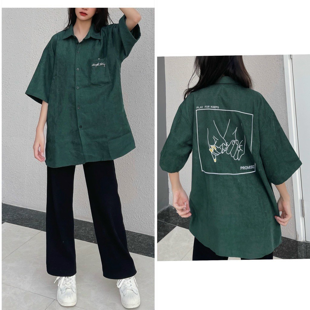 Áo sơ mi nam nữ unisex ngắn tay logo thêu PROMISE chất da lộn mịn đẹp có túi trước ngực