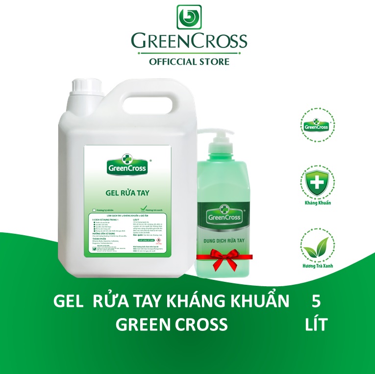 GEL RỬA TAY KHÁNG KHUẨN GREEN CROSS - CAN 5L Tặng thêm 1 Chai Nước rửa tay Green Cross 500ml