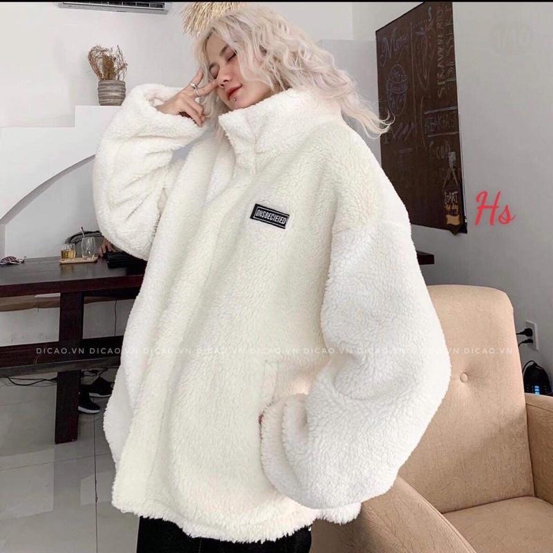 Áo Khoác Nữ Lông Trắng Khoá Kéo Dài Tay Dáng Rộng Cổ Cao Logo OS Siêu Xinh