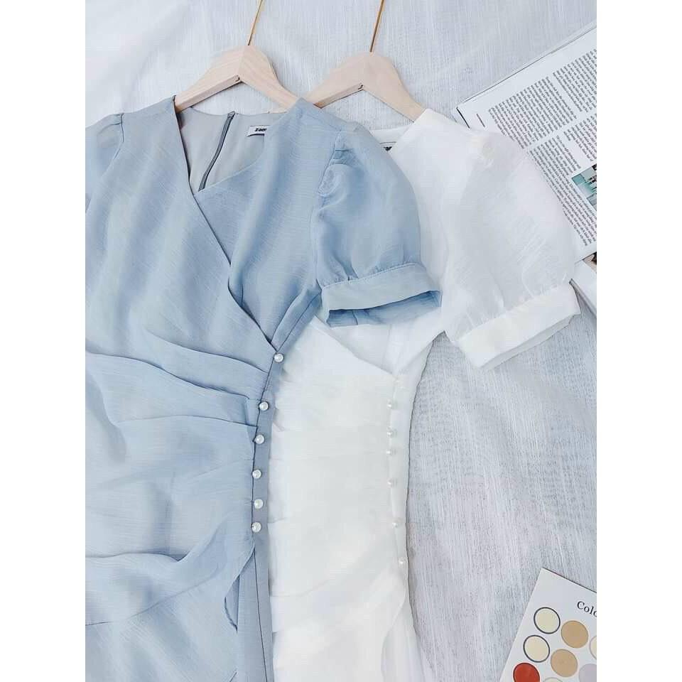 Đầm Cổ V Xếp Ly Eo Đính Hạt Cao Cấp (Màu Xanh