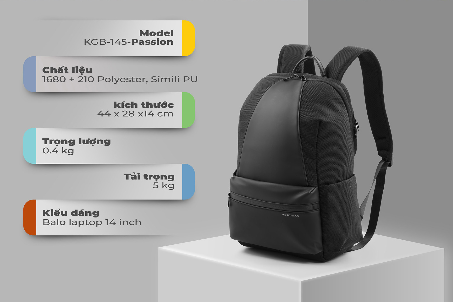 Balo laptop KINGBAG PASSION 14” trẻ trung, gọn nhẹ, tích hợp USB, ngăn tablet, đai vali tiện dụng - Hàng chính hãng