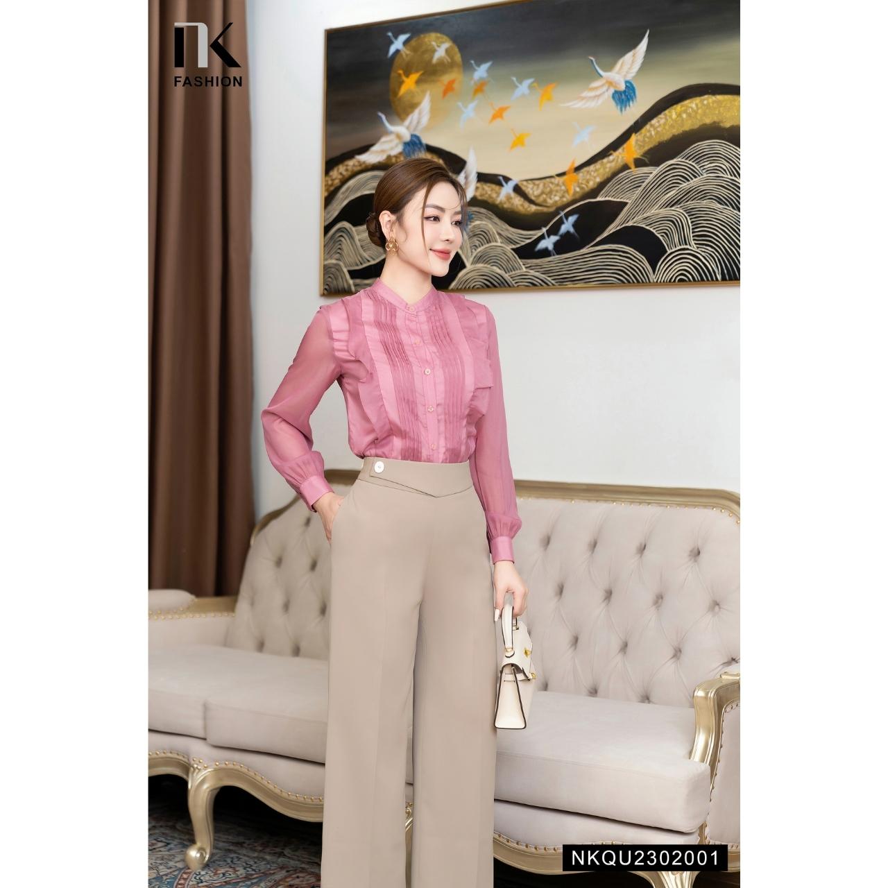 Quần Ống Rộng Cạp Chữ V Cúc Bọc NK FASHION Thiết Kế Thanh Lịch Chất Vải Nhập Hàn Cao Cấp Không Nhăn NKQU2302001