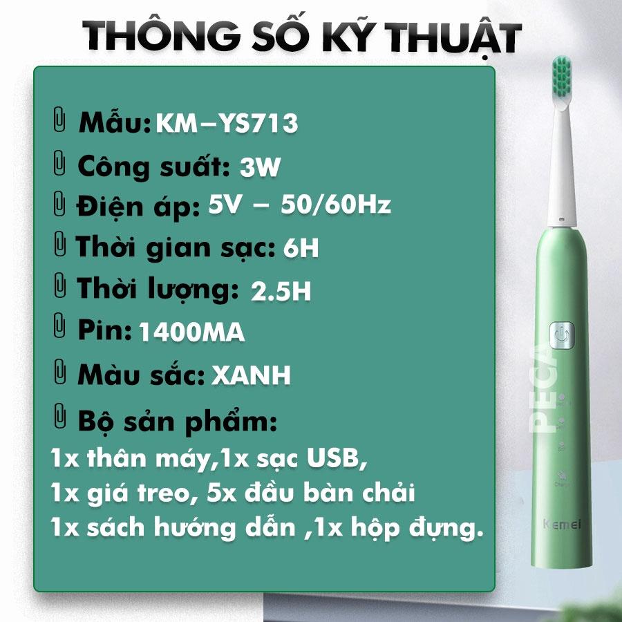 Bàn chải đánh răng điện KEMEI KM-YS713 công nghệ rung siêu âm Tặng kèm 5 đầu bàn chải