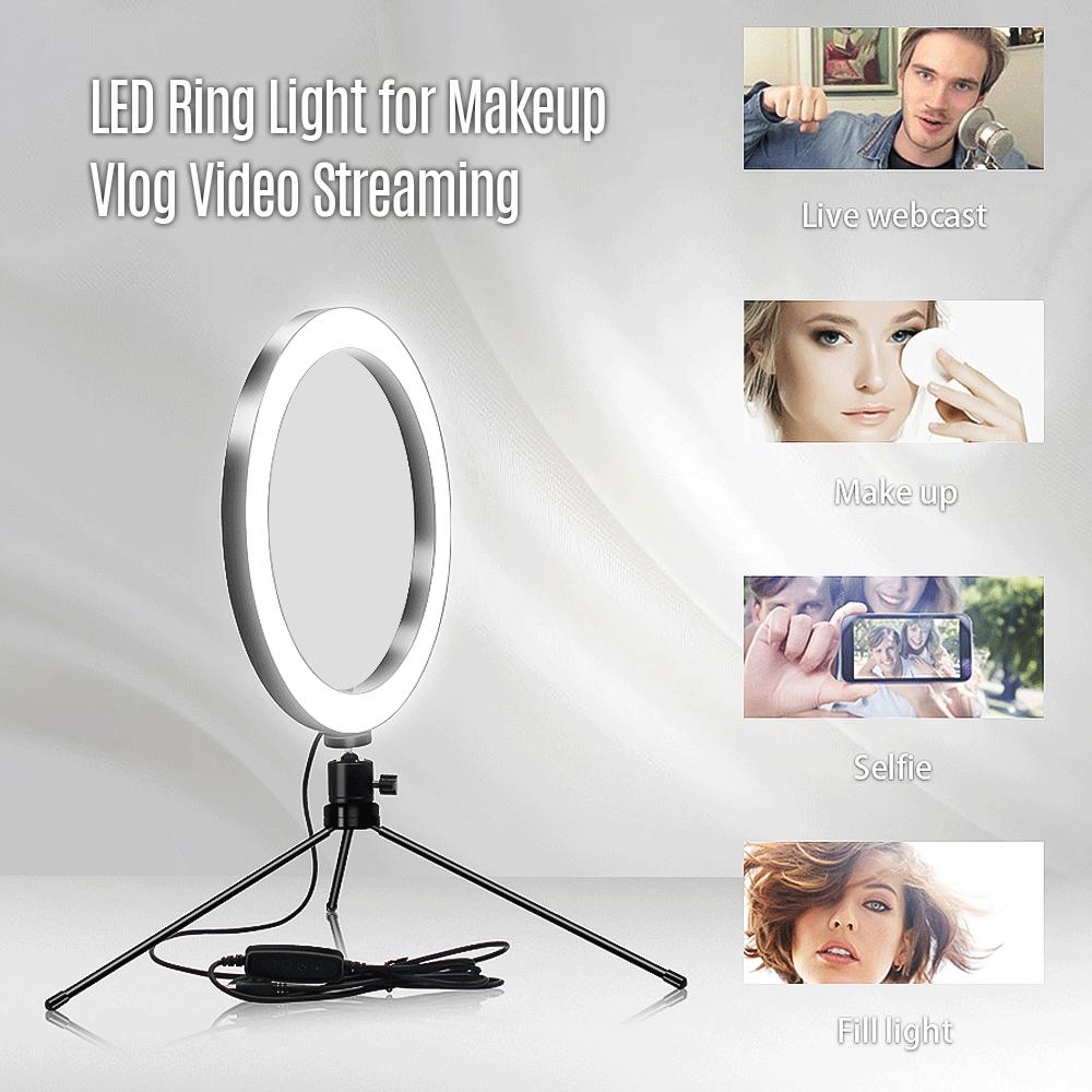 Đèn LED vòng bảng 6 inch 3200-5600K 3 màu 10 mức độ sáng Có thể điều chỉnh với giá ba chân để trang điểm phát trực tiếp