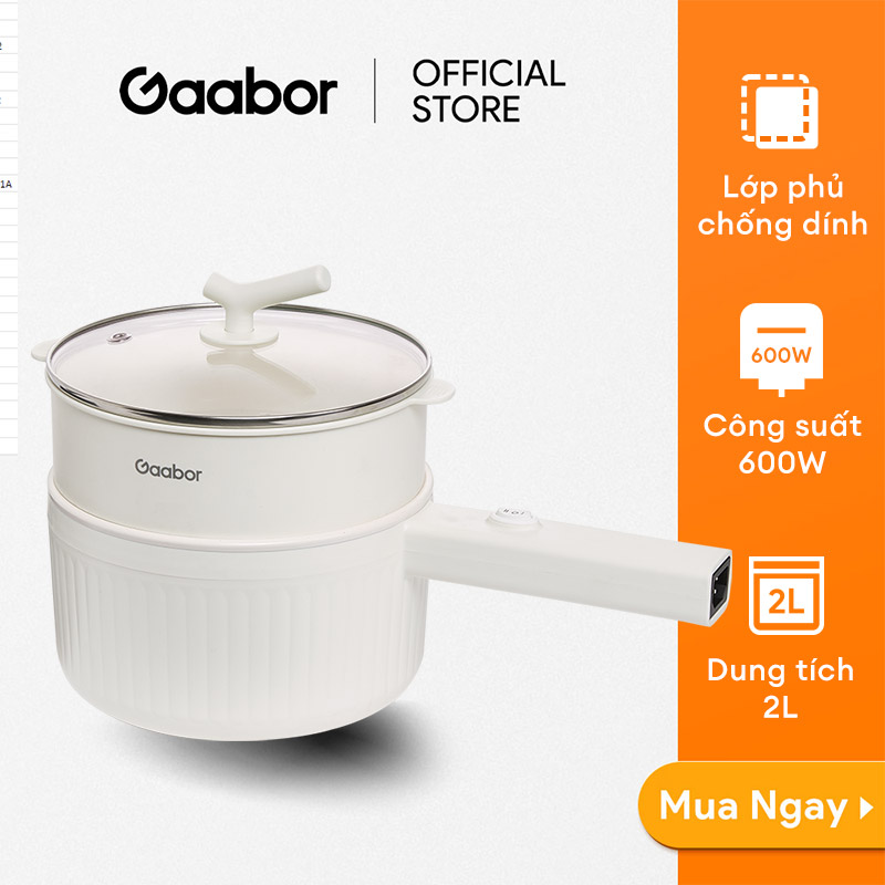 Nồi điện đa năng dung tích 2L GAABOR GR-N20A vân đá chống dính kèm xửng hấp, công suất 600W - Hàng chính hãng