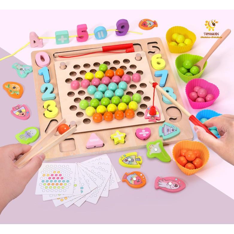Bộ Giáo Cụ Đồ Chơi Gỗ Đa Tính Năng Kết Hợp Câu Cá Gắp Hạt Xếp Hình Khối, Lắp Số Kèm Xâu Dây