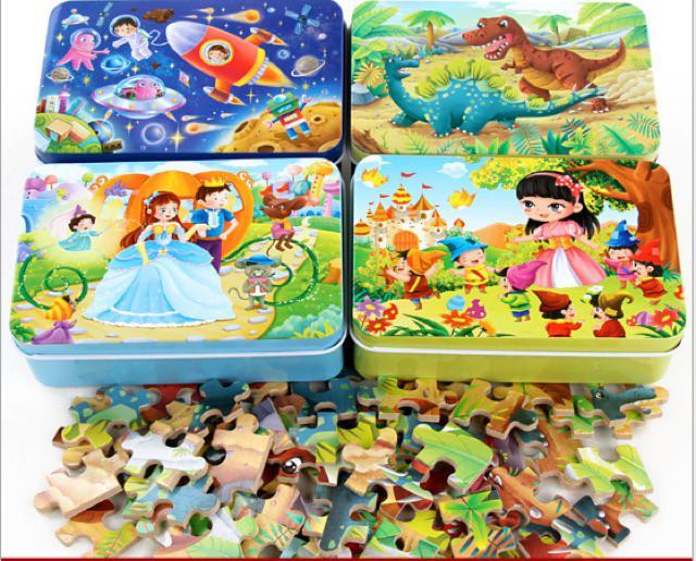 Puzzle xếp hình 60 mảnh hộp sắt cho bé ( hàng sẵn )