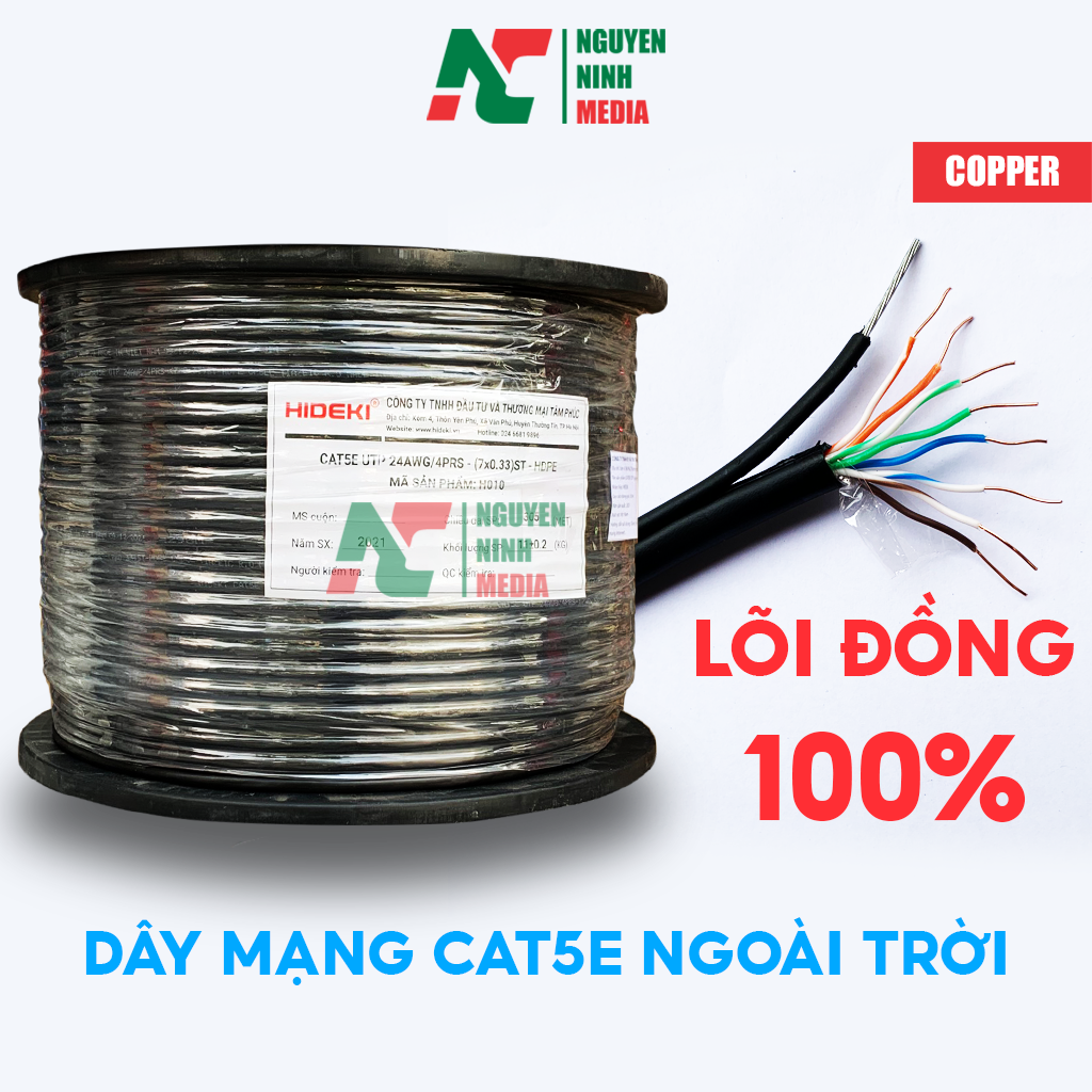 Cáp Mạng Ngoài Trời HIDEKI Cat5e 8 Lõi Đồng, Có Sợi Thép Chịu Lực, Vỏ HDPE Siêu Bền -Hàng Chính Hãng