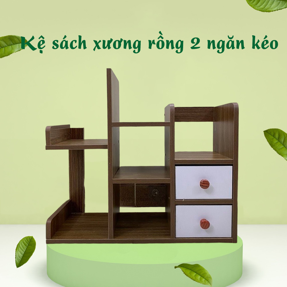 Kệ Sách Gỗ Để Bàn, Kệ Decor Xương Rồng 2 Ngăn Kéo Tiện Dụng Cho Bàn Học, Bàn Làm Việc