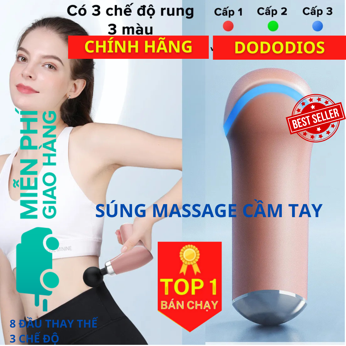 Máy Massage Cầm Tay Toàn Thân 3 Cấp Độ, 8 Đầu Thay Thế dododios - Chuyên Sâu Vai Lưng, Giảm Đau Cơ - Hàng Chính Hãng dododios