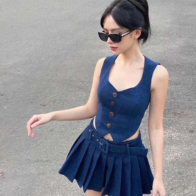ĐẦM SET ÁO CROPTOP GILE DENIM JEANS + CHÂN VÁY NGẮN XẾP LY XÒE ĐI TIỆC ĐI CHƠI DẠO PHỐ ĐI BIỂN
