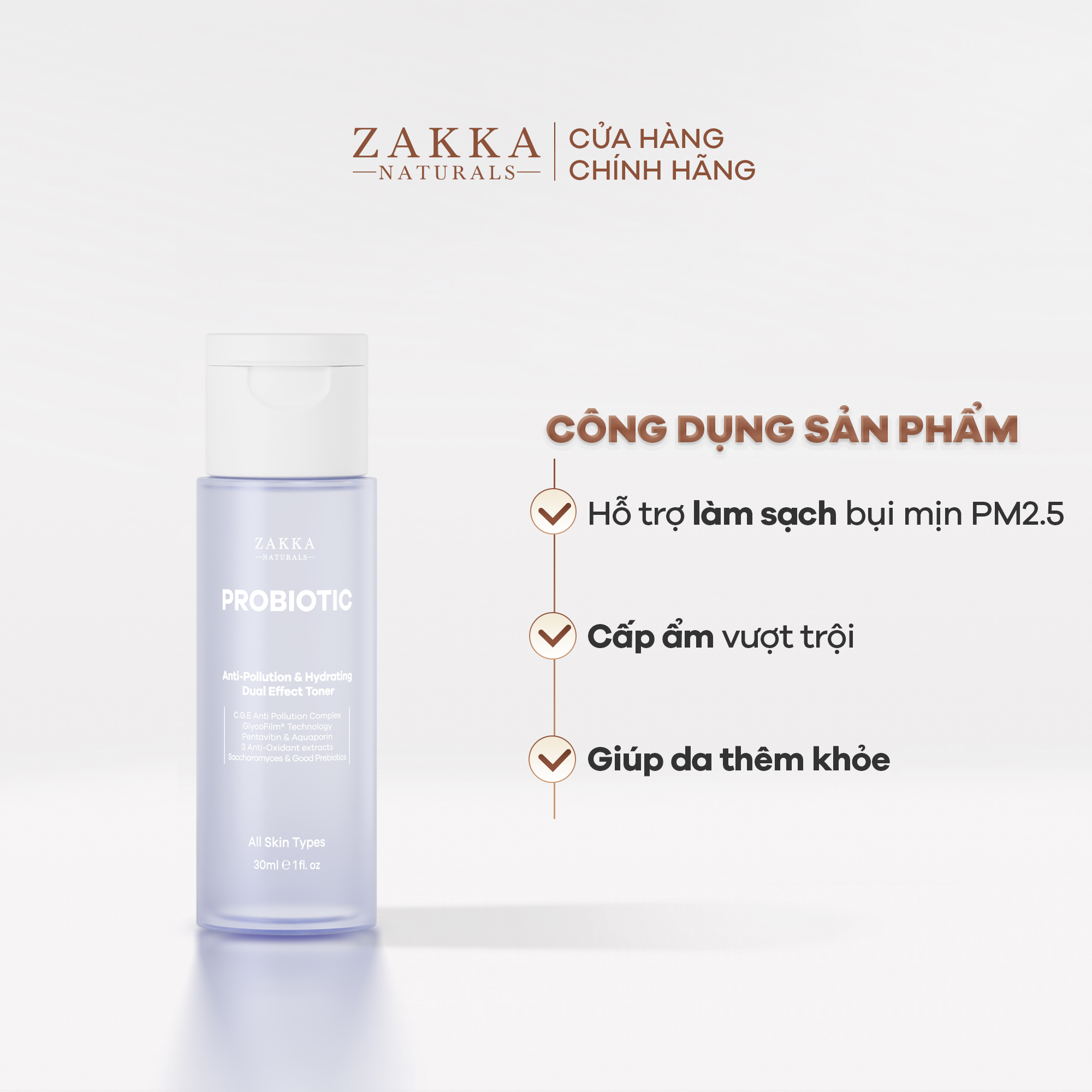 Toner 2 Trong 1 Hỗ Trợ Làm Sạch Và Cấp Ẩm Probiotic Anti-Pollution &amp; Hydrating Dual Effect Zakka Naturals 30ml