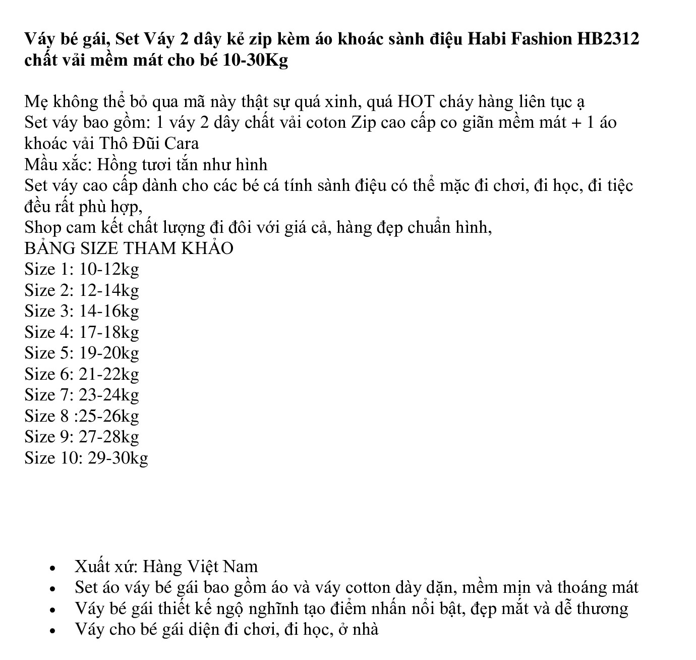 Váy bé gái, Set Váy 2 dây kẻ zip kèm áo khoác sành điệu Habi Fashion HB2312 chất vải mềm mát cho bé 10-30Kg