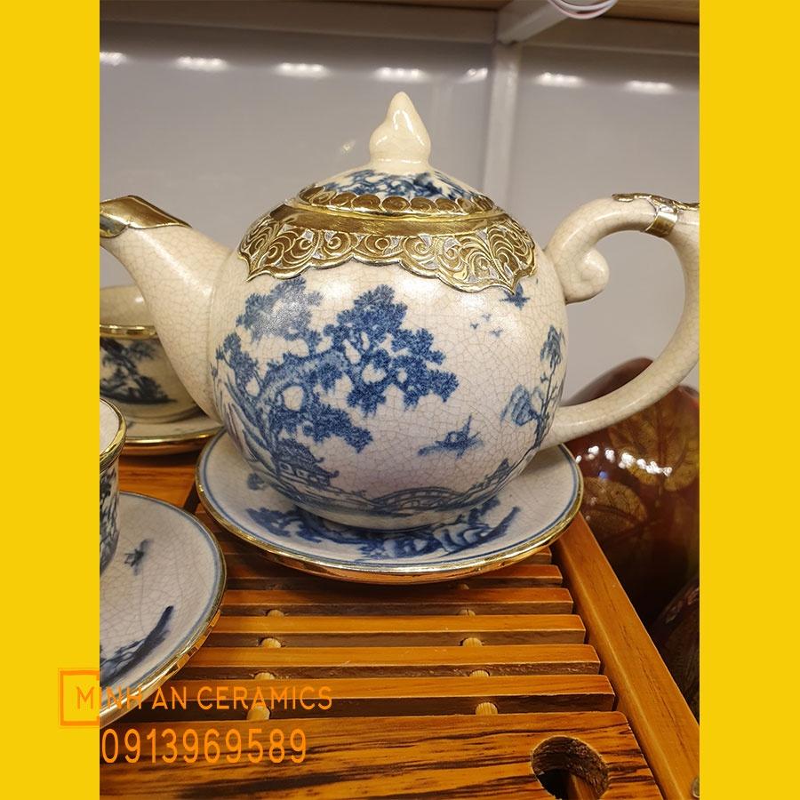 Bộ Ấm Chén chóp lửa số vẽ hoa văn cây Tùng men rạn bọc đồng giả cổ gốm Minh An Bát Tràng