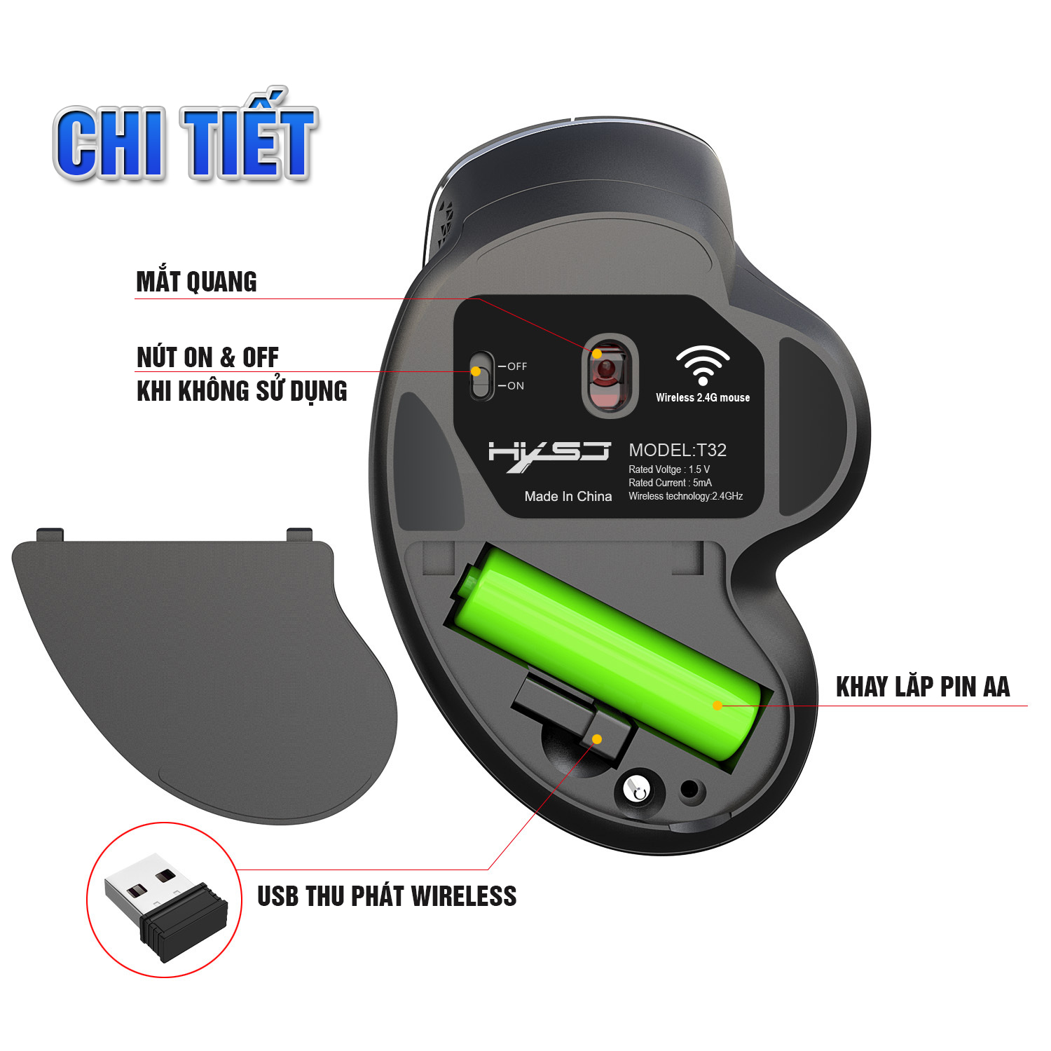 Chuột không dây Wireless 2.4G, DPI điều chỉnh 4 cấp, cho Gaming, văn phòng, 6 nút Dan House HXSJ T32 + Tặng Pin AA – Hàng chính hãng