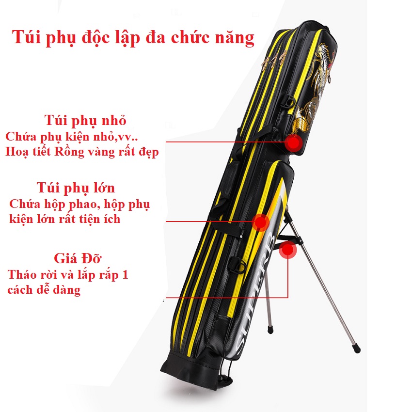 Bao Đựng Cần Câu Đài 1m25 Super Dragon 3 Ngăn Phụ Sức Chứa Lớn Có Giá Đỡ Cao Cấp TDC12