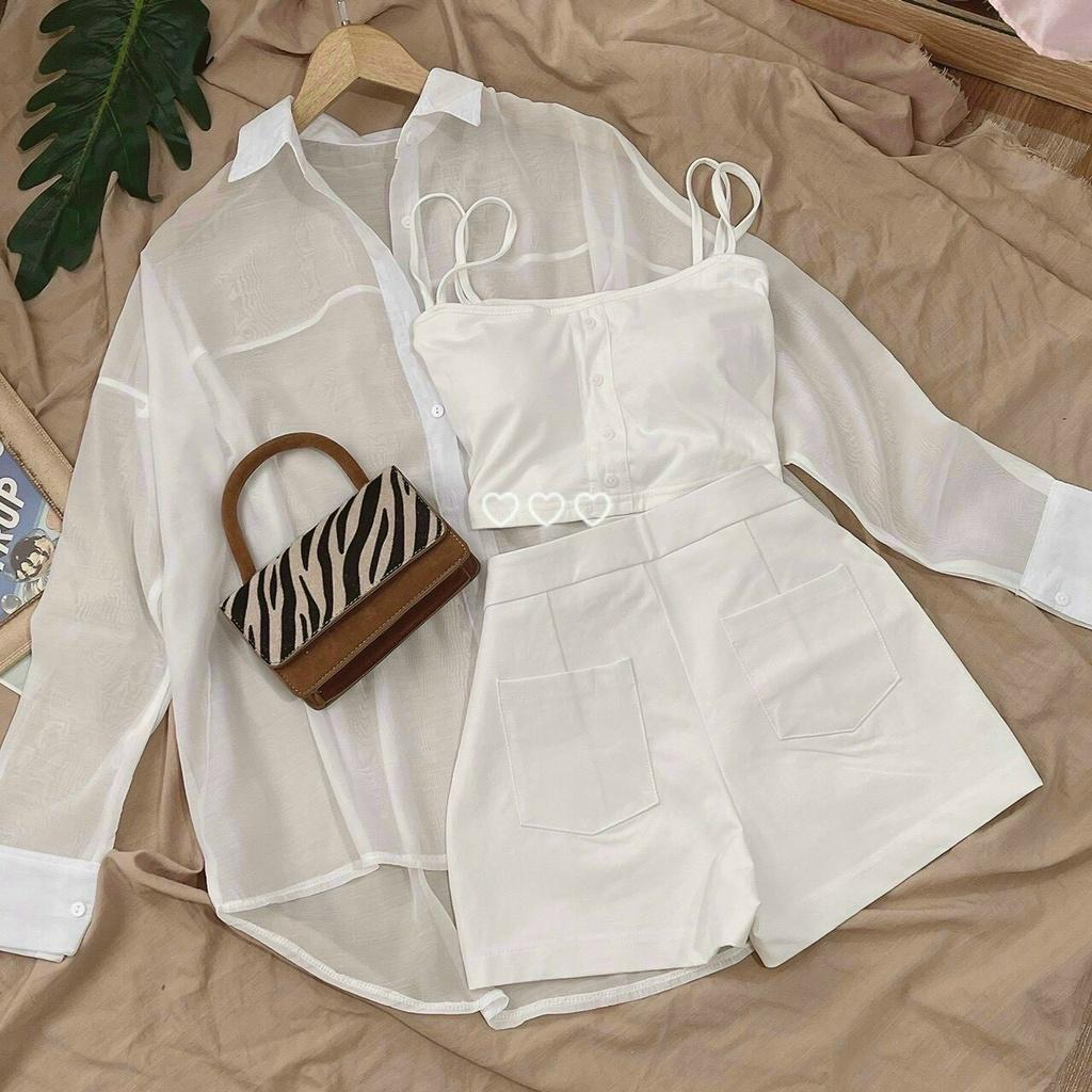 Set 3 món trắng áo crop 2 dây kèm khoác sơ mi tay dài phối quần đùi short mâu nina lê cá tính thể thao