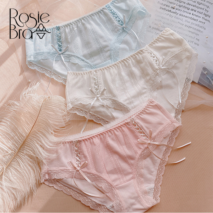 Quần Lót Cotton Nữ Phong Cách Nhật Bản Màu Kẹo Ngọt Viền Ren Đính Nơ P191