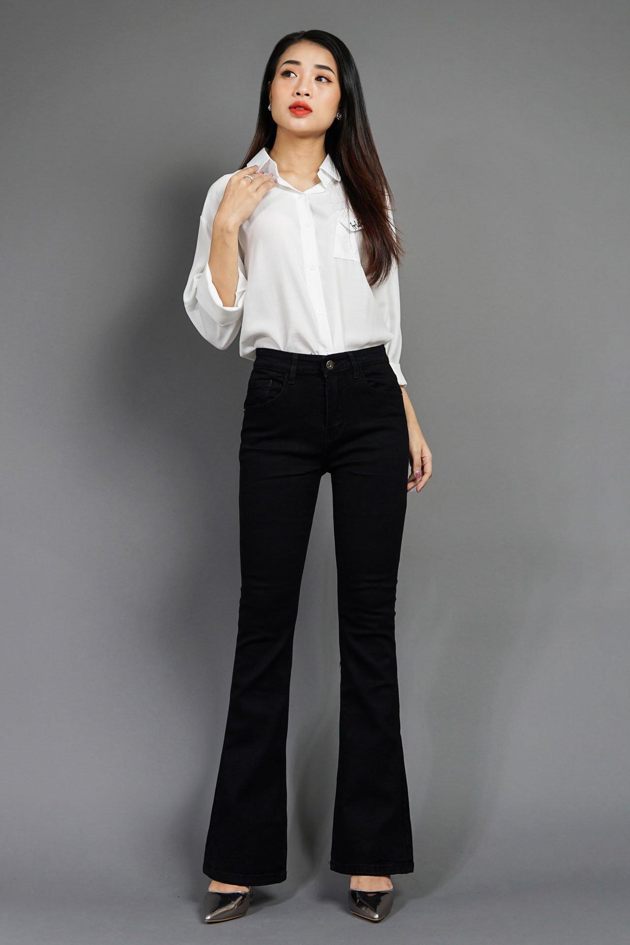 Quần jeans nữ ống loe dài màu đen JLN003