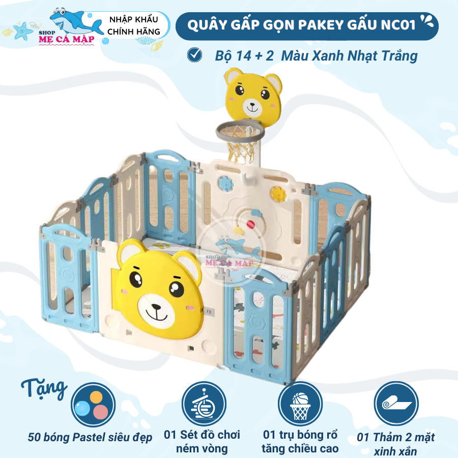 Quây Gấp Gọn Pakey Gấu NC01 Dày Dặn TẶNG BÓNG+THẢM+SET BÓNG RỔ+NÉM VÒNG, Quây Cho Bé Màu Sắc Sang Trọng