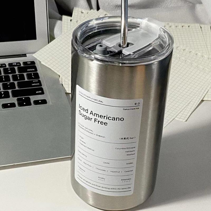 Ly cốc giữ nhiệt Iced Americano 600ml cao cấp bằng phép không gỉ 304 tặng kèm ống hút- Bình giữ nhiệt inox cho văn phòng